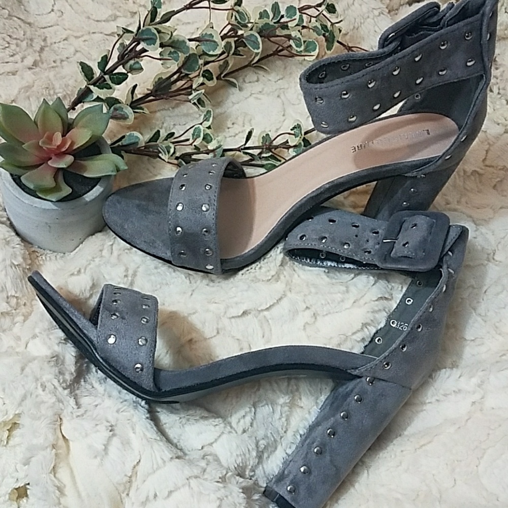 Grey Suede Rivet Studded Column Heel - Picture 5 of 5